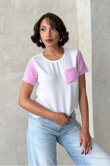 T-shirt en denim détaillé en gros - Rose crème | Topshow