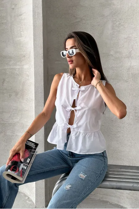 Topshow White Front Tie Wholesale Blouse