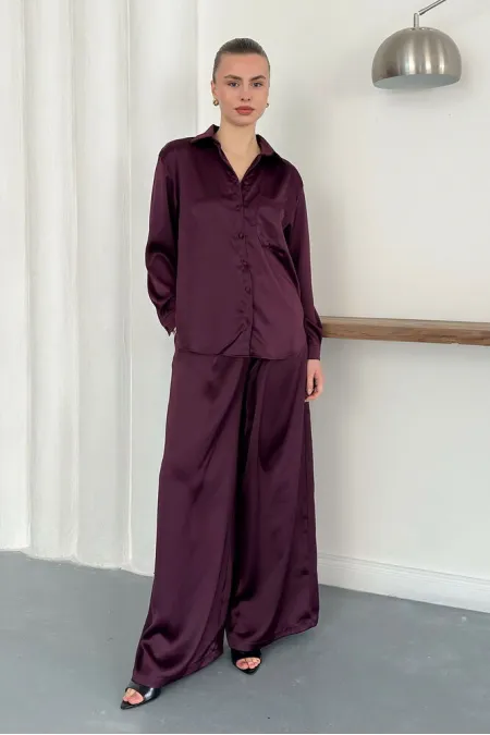 High-Waisted Wide-Leg Satin Trousers – Stylish and Comfortable Design - Plum | F2052