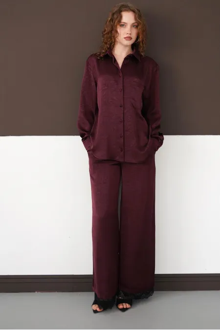 Pleated Hem Lace Wholesale Trousers - Plum | F2102 - Topshow