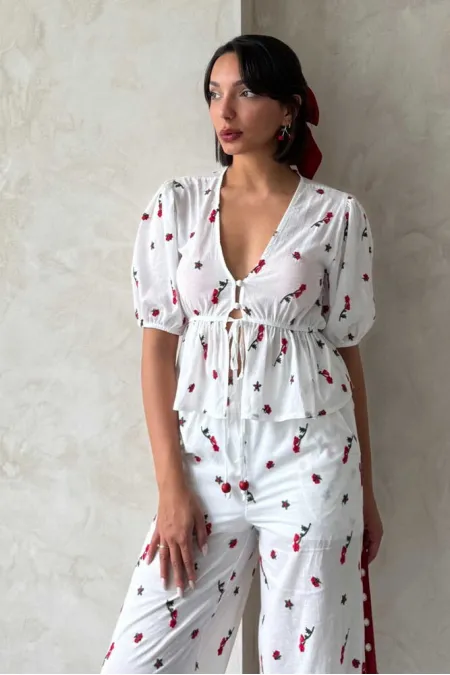 Embroidered Voile Blouse - Red | Topshow