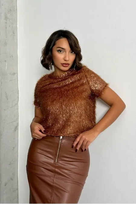 Glittery Fringed Wholesale Blouse - Brown | TOPSHOW | F1832