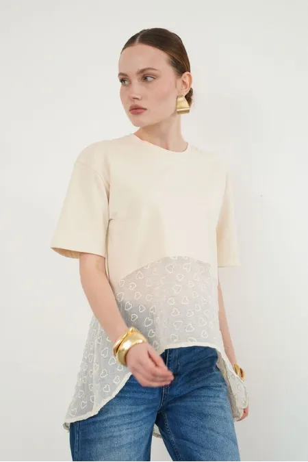 Embroidered Detail Crew Neck Wholesale T-Shirt - Raw | D2990 - Topshow