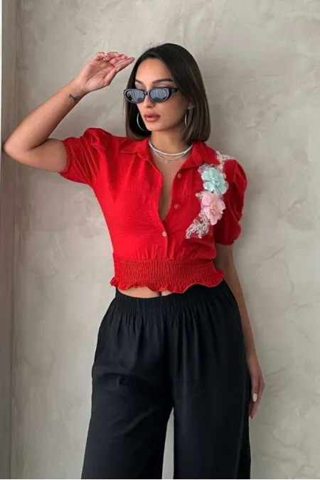 Topshow Red Floral Chest Linen Wholesale Shirt