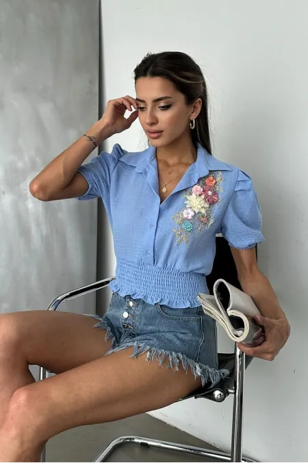 Topshow Blue Floral Chest Linen Wholesale Shirt