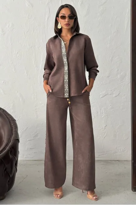 Topshow Şerit Detaylı Scuba Süet Pantolon - Taş | F1972