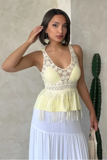 Güpür Detaylı Askılı Toptan Bluz   Sarı | Topshow