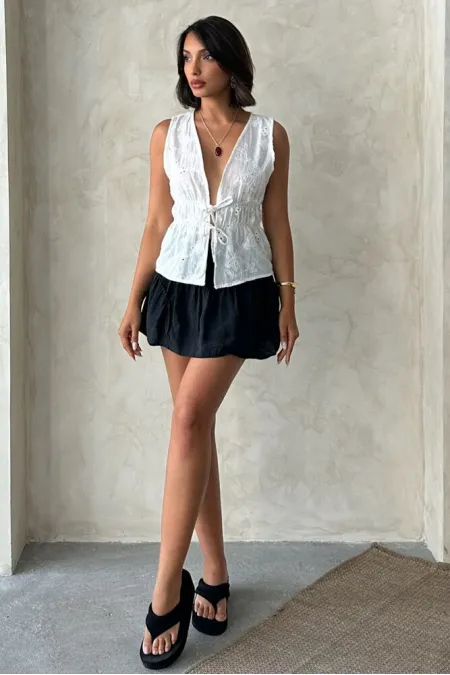 Embroidered Voile Blouse with Front Tie - Cream | Topshow