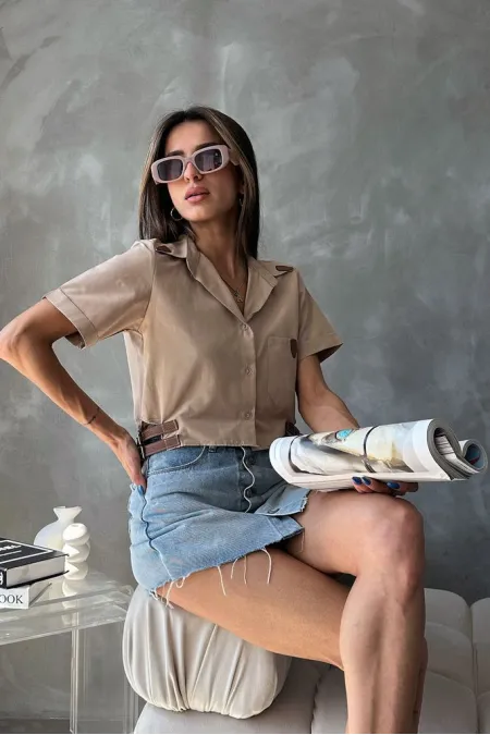 Topshow Stone Belt Detailed Wholesale Shirt