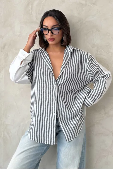 Chemise rayée en lin - Noire | Topshow | F1919