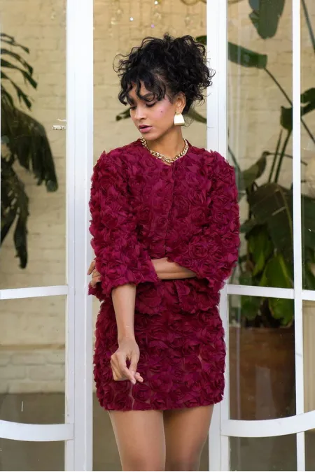 Veste en tulle à motif rose bordeaux Topshow (vente en gros) | F1754