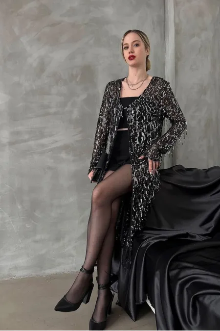 Uzun Toptan Hırka - Siyah Gümüş | TOPSHOW | F1618