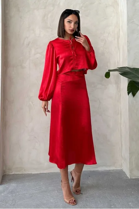 Kraşlı Saten Toptan Etek - Kırmızı | Topshow | F1915