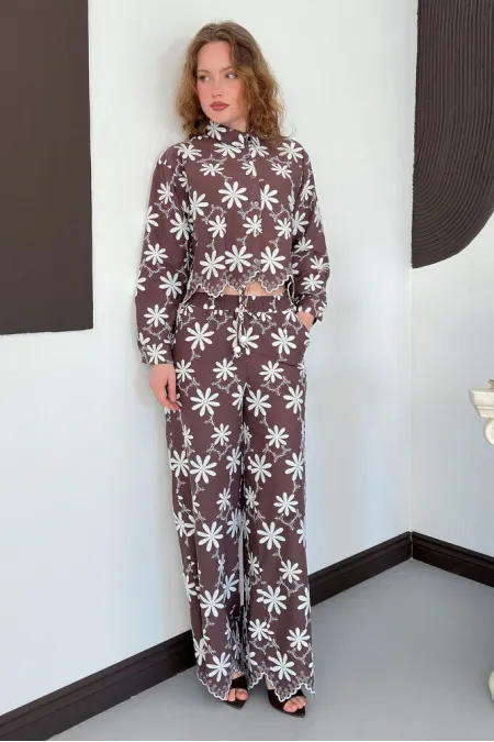 D 2913 EMBROIDERED TROUSERS - BROWN D 2913 EMBROIDERED TROUSERS - BROWN