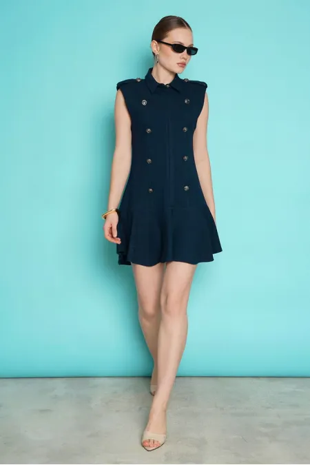 Sleeveless Mini Wholesale Dress with Shoulder Epaulets - Navy Blue | D2974 - Topshow