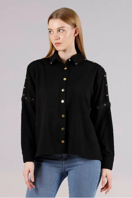 Metal Detailed Wholesale Shirt - Black | TOPSHOW | F1326