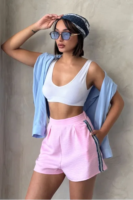 Kot Detaylı Şort - Pembe | Topshow