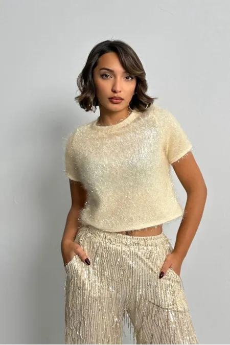 Glittery Fringed Wholesale Blouse - Cream | TOPSHOW | F1832