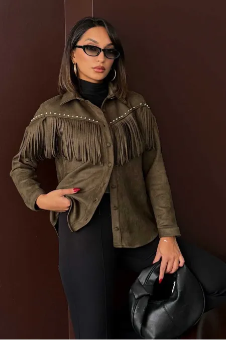 Topshow Püsküllü Droplı Scuba Süet Toptan Gömlek - Haki | F2029