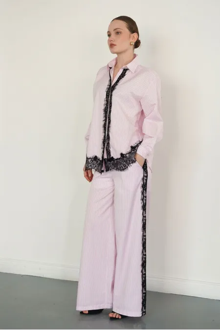Lace Detail Striped Wholesale Trousers - Pink | F2083 - Topshow
