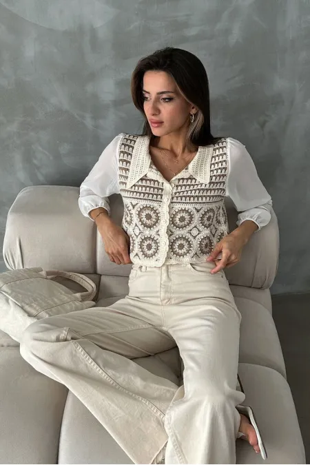 Çiçek Desenli Kısa Toptan Hırka | F0025 - Taş Kahve | TOPSHOW | F0025