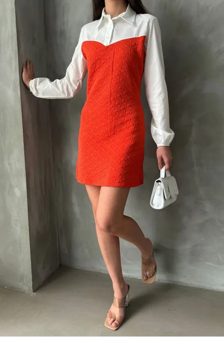 Knee-Length Poplin Dress with Sleeves and Chest - Orange | TOPSHOW | F1139