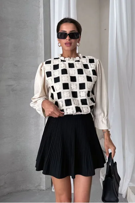 Topshow Stone Black Lace Detail Wholesale Blouse | F1693