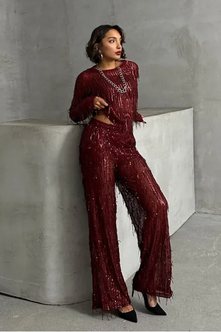 Sequined Tulle Wholesale Evening Dress Trousers - Burgundy | TOPSHOW | F1611