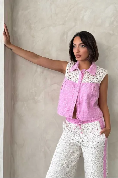 Lace Detailed Sequin Denim Jacket - Pink Topshow
