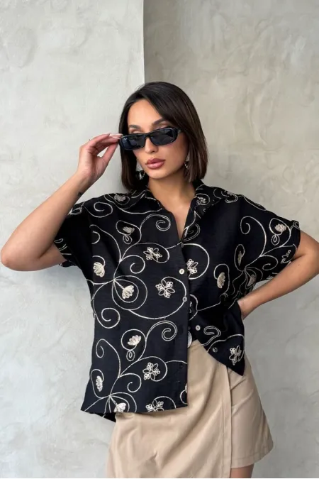 Nakışlı Toptan Gömlek   Siyah Desen 2 | Topshow