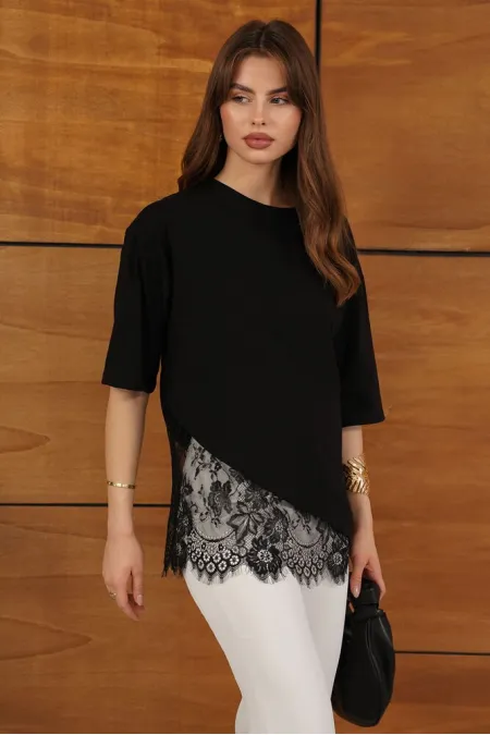 D 2953 DANTEL DETAYLI ASİMETRİK TİŞÖRT - SİYAH