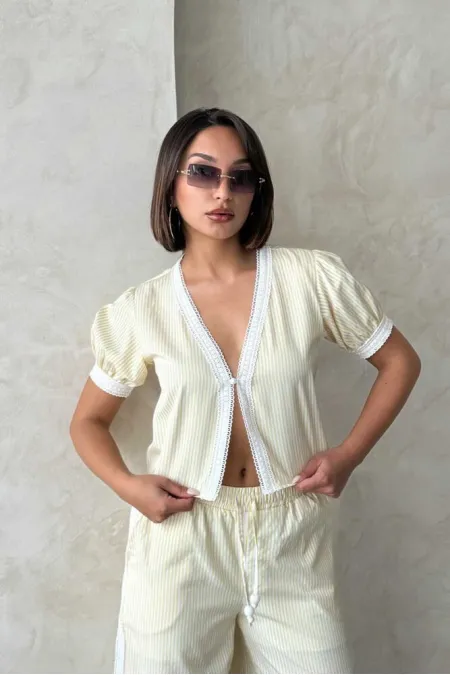 Striped Blouse with Guipure Detail - Yellow | Topshow