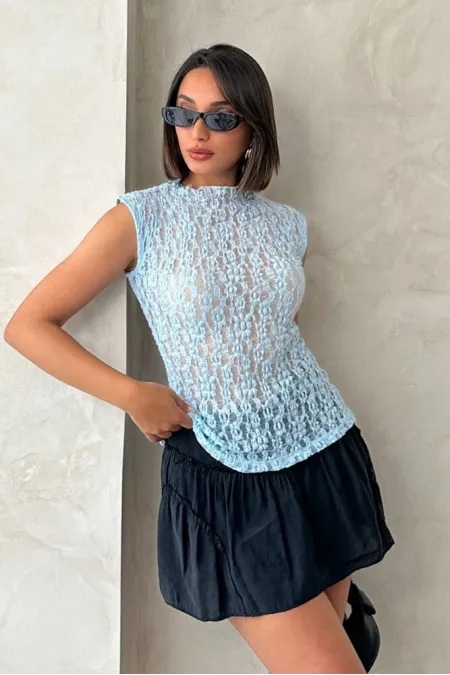Sıfır Kol Dantel Toptan Bluz - Mavi | Topshow
