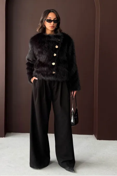 Topshow - Manteau boutonné en fourrure de lapin en gros - Noir