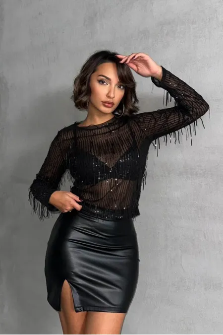 Blouse à sequins en gros - Noire | TOPSHOW | F1612