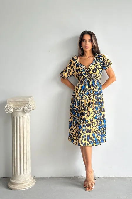 Topshow Leopard Saxe Patterned Long Wholesale Dress