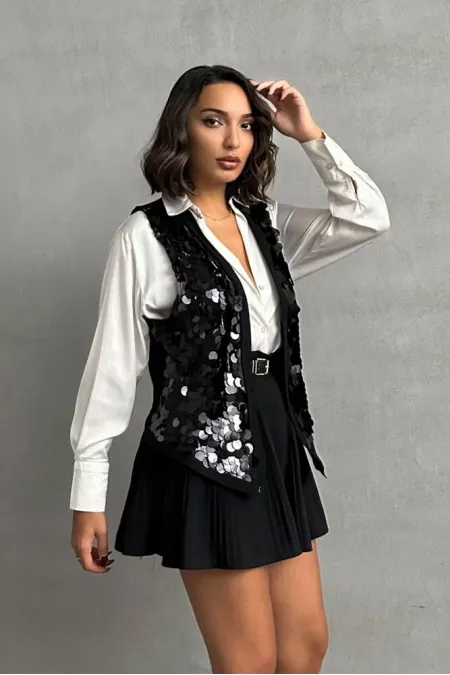 Topshow Siyah Pullu Toptan Yelek | F1750