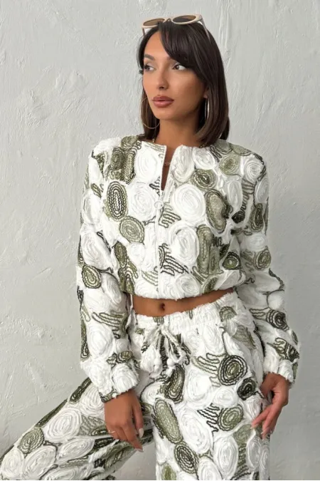 Veste zippée à motifs Topshow Wholesale – Style chic et moderne – Kaki | F1975