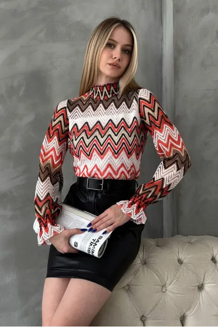 Blouse à motif zigzag en gros - Orange | TOPSHOW | F1558