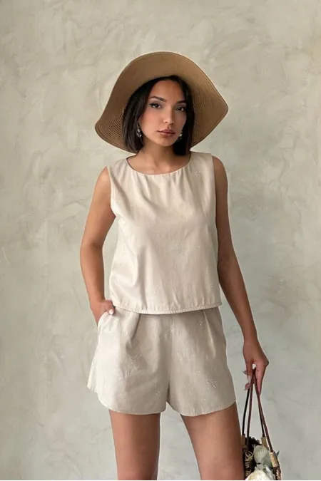 Bow Stone Printed Sleeveless Blouse - Stone | Topshow