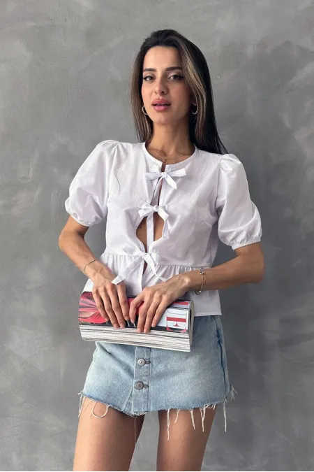 Topshow White Front Tie Poplin Wholesale Blouse