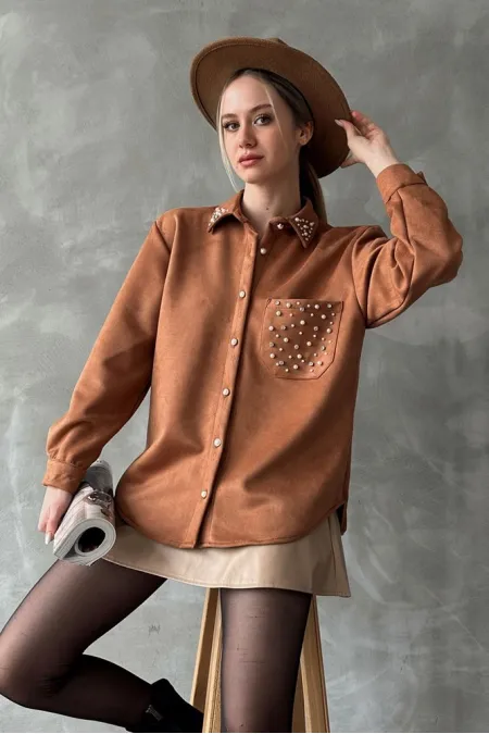 Wholesale Shirt with Stone Pocket - Tan | TOPSHOW | F1617