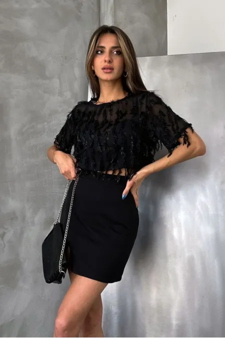 Topshow Black Glittery Fringed Wholesale Blouse