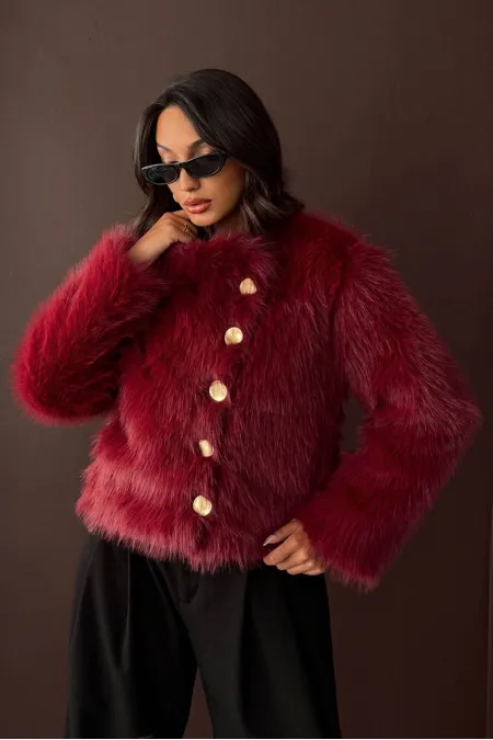 Topshow - Manteau boutonné en fourrure de lapin en gros - Rouge bordeaux