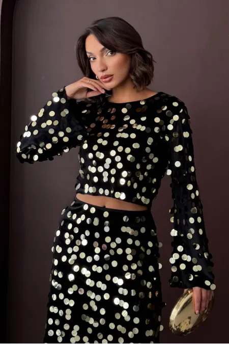 Topshow - Wholesale Sequined Velvet Blouse - Black Gold