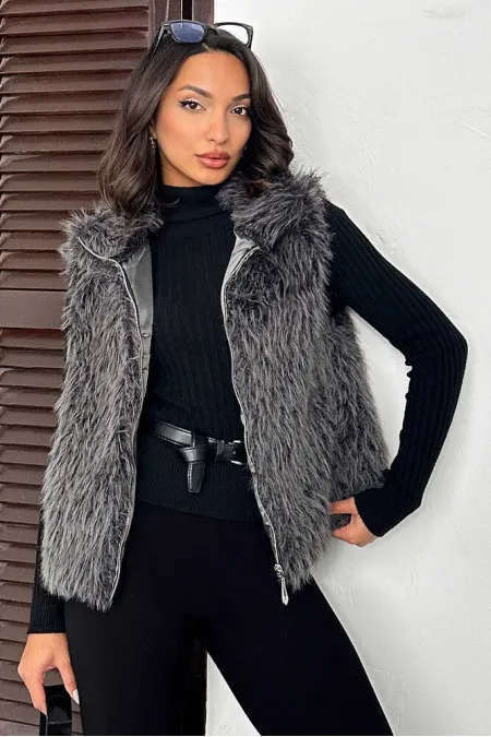 Gilet en fausse fourrure pour femme Topshow (vente en gros) – Fermeture éclair, texture douce – Gris | F2046