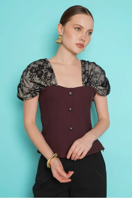 Boat Neck Blouse with Shoulder Lace Detail - Coffee | D2994 - Topshow