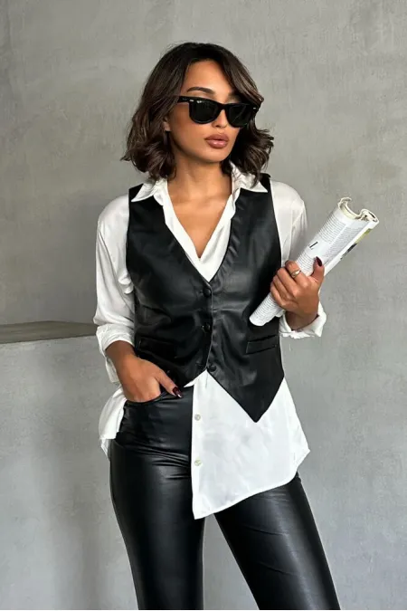 Gilet en cuir boutonné en gros - Noir | TOPSHOW | F1503