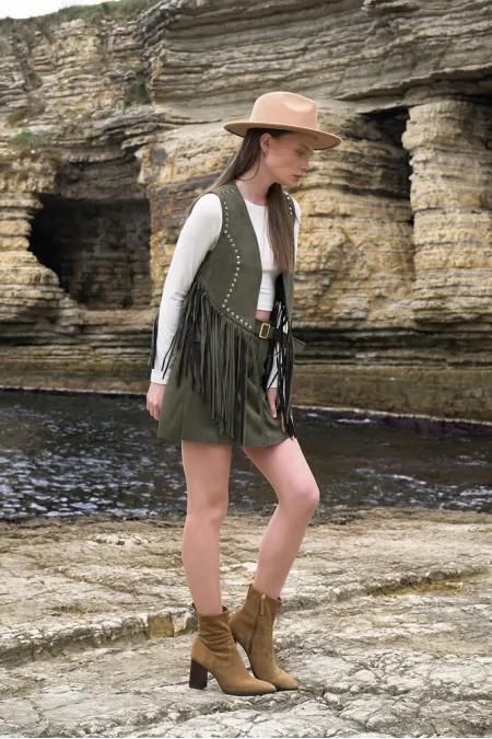 Püsküllü Droplu Toptan Yelek - Haki | TOPSHOW | F1806