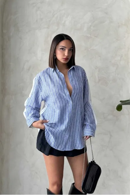 Chemise rayée en lin - Bleu foncé | Topshow | F1917